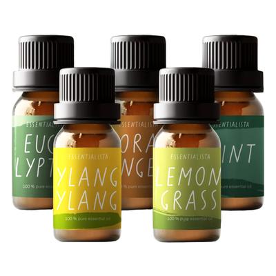 Ensemble d'huiles essentielles (5 pièces), Huiles essentielles: Coffret de 5 bougies Eucalyptus, Ylang-ylang, Orange, Citronnelle, Menthe, Essentialista