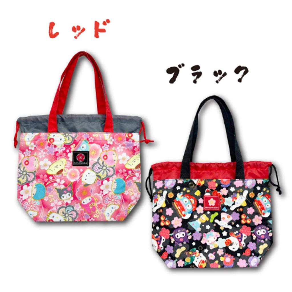 Hatayama Shoji Lunch Tote Bag with Drawstring Bag Japanese Pattern Sanrio Characters Black H20 x W30 x D10cm 33201935 Approx.