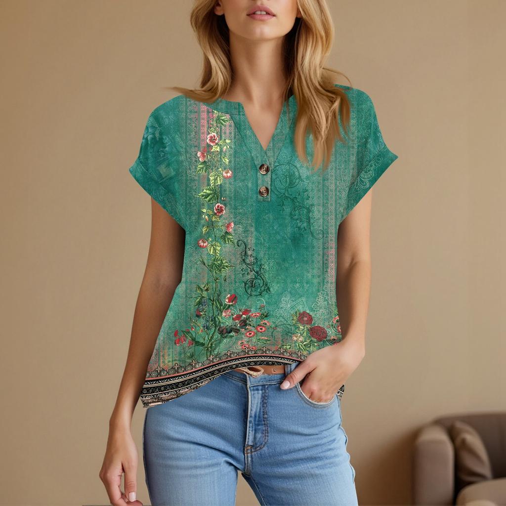 Women's Fashionable Casual Short-sleeved V-neck Button Printed Pullover Top