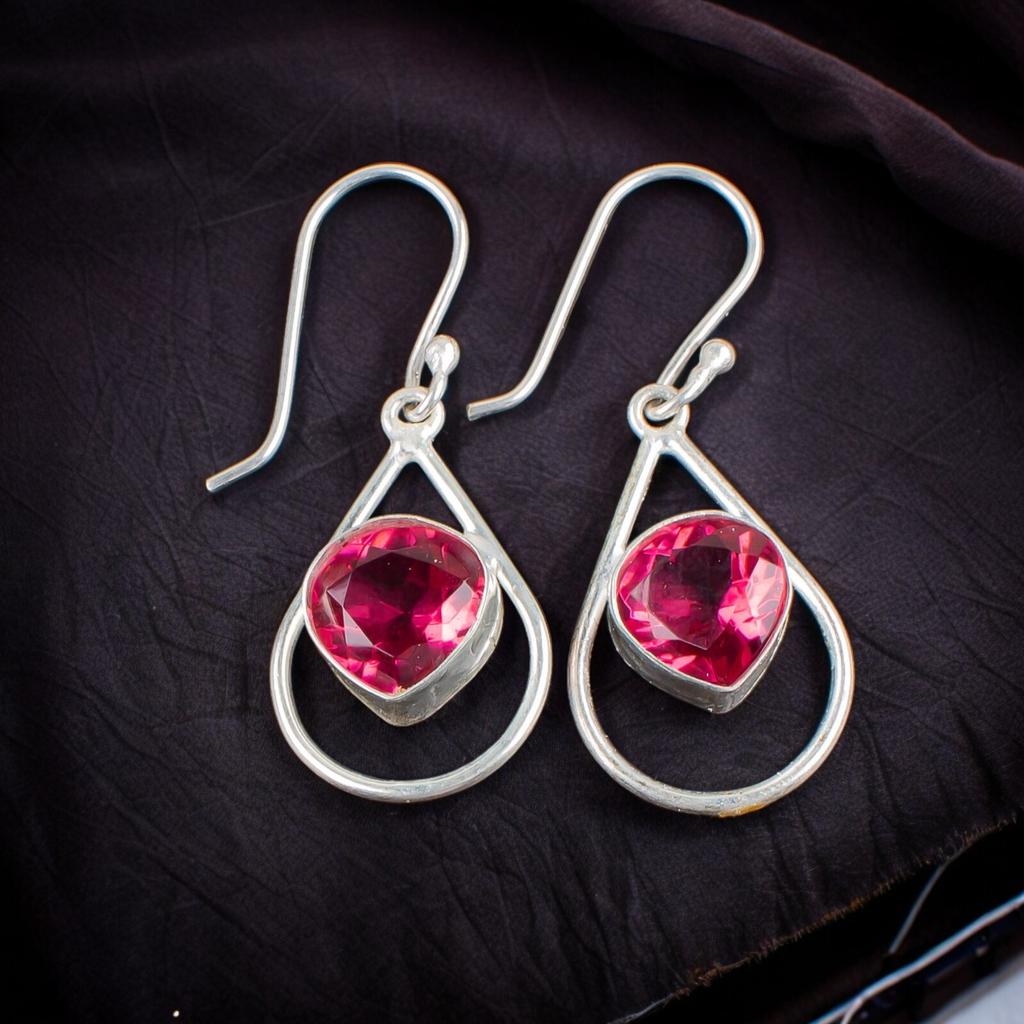 925 Sterling Silver Pink Tourmaline Gemstone Handcrafted Jewelry Earrings 1.50" EE-38-18