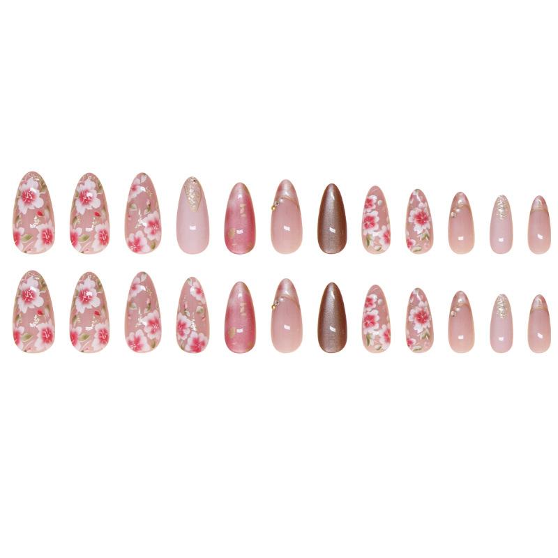 Patch Unghii Ochi de Pisică Floare de Piersic Unghii False Primăvară și Vară Portabil Uzură Unghii Unghii Patch Unghii Burghiu 24 Bucăți