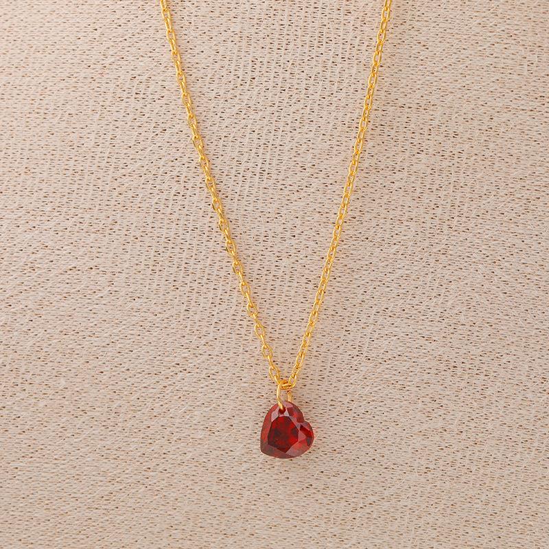 Copper gemstone necklace, women's pomegranate red single diamond collarbone chain, simple temperament, light luxury necklace