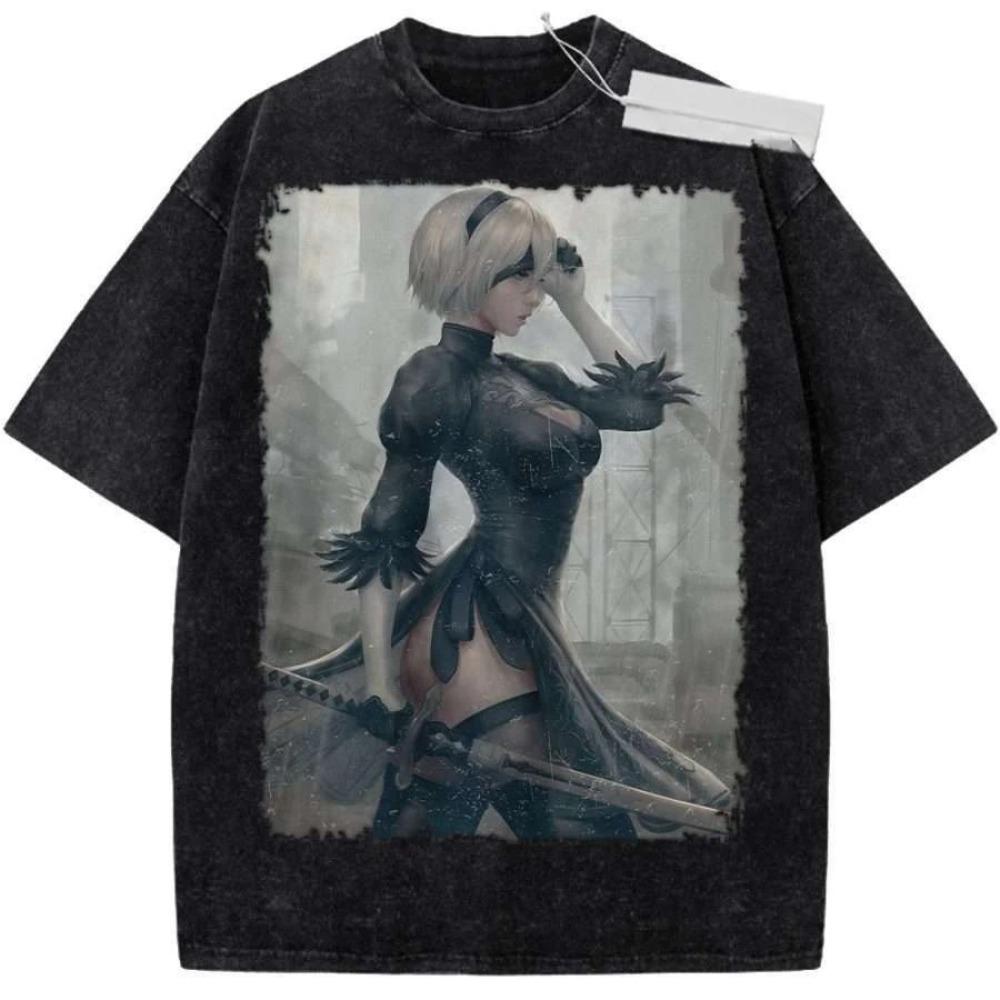 

NieR Automata 2B YoRHa №2 Тип B Винтажная стирка Аниме Футболка Игровой персонаж Графика Черная Оверсайз Унисекс Уличная одежда Футболка L