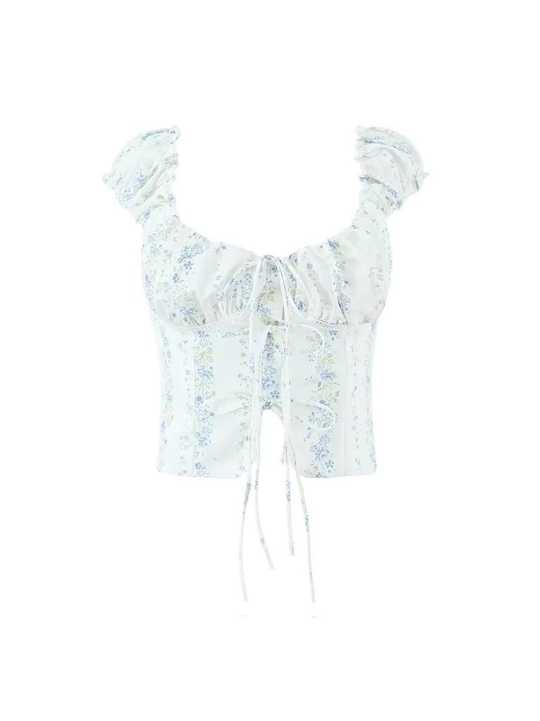 Elegant French Square Neck Floral Tie-Up Top - Women's Summer Slimming Waist-Cinching Shirt