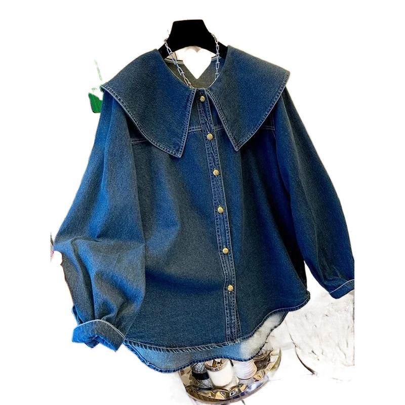 College Style Retro Doll Collar Denim Shirt for Women In Spring and Autumn, Small Stature, High-end and Good-looking Top