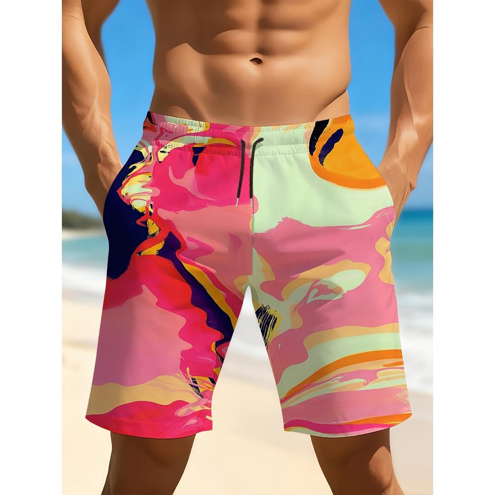 Men s Pink Orange Abstract Fluid Print Beach Shorts Drawstring Waist Quick Dry Casual Swim Trunks 2026 XL