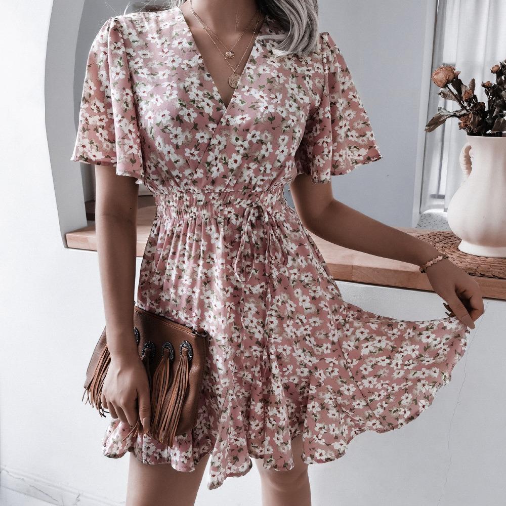 Summer V-neck Floral Ruffle Pleated Dress