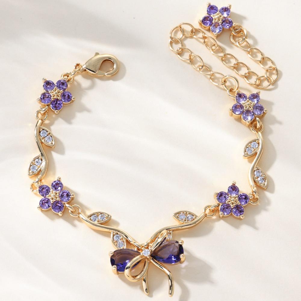 Luxury Green Leaf Flower Bracelet Fashion Exquisite Pink Cubic Zirconia Chain Sparkling Bow Shiny Rhinestone Bangle Wedding