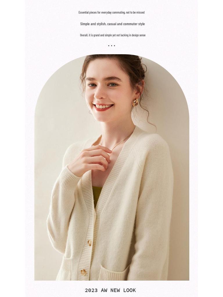2024 Autumn/Winter Women's Thick Cashmere V-neck Cardigan Sweater, Loose Fit, Knitted Drop-shoulder Top