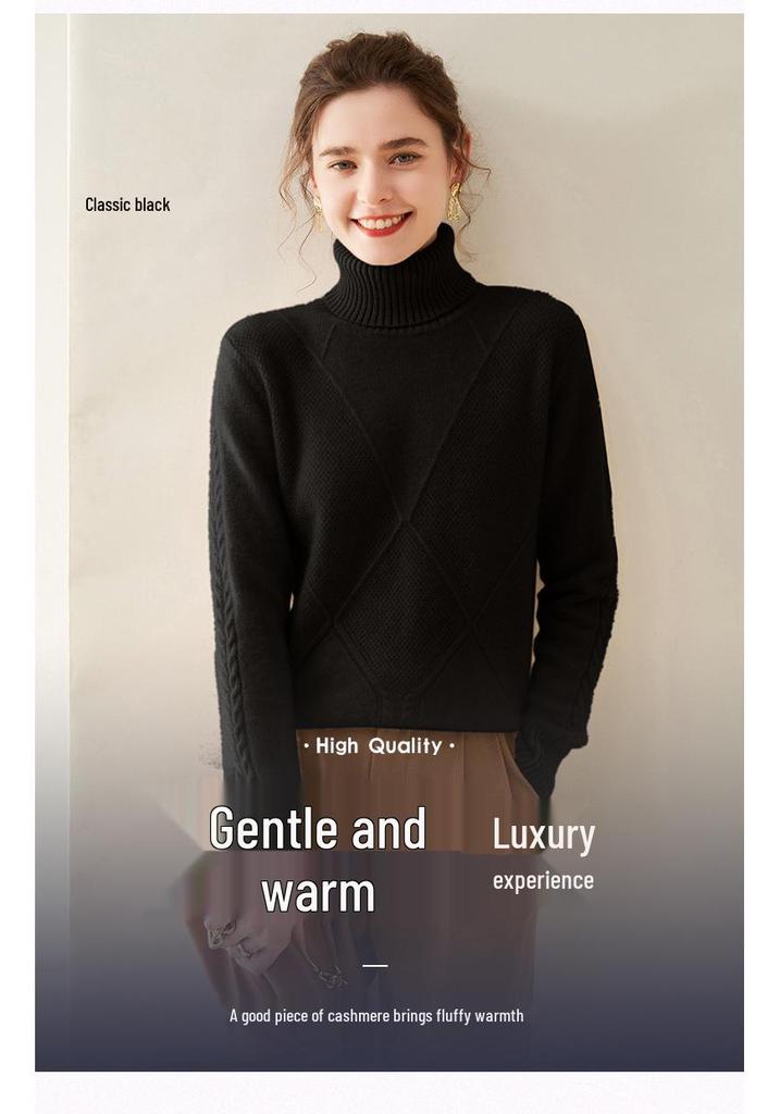 Cashmere Women's High-Neck Diamond Pattern Knit Sweater - Thickened Base Layer for Autumn/Winter Fashion