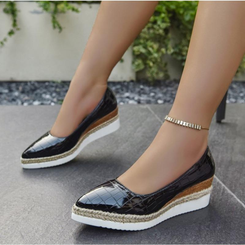 

Модная Элегантная Повседневная Женская Обувь Большого Размера На Танкетке Маленький Заостренный Носок Одинарная Обувь Удобный Синтетический Материал Весна 37 чёрный