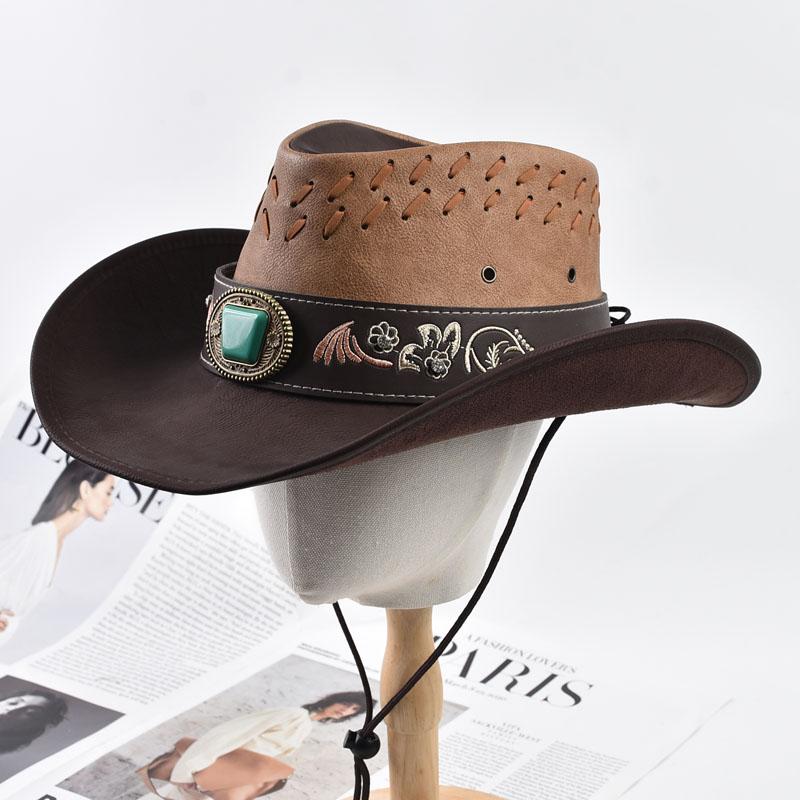 Unisex 100% Leather Western Cowboy Hat Vintage Gentleman Jazz Hats For Men Panama Cowgirl Hat