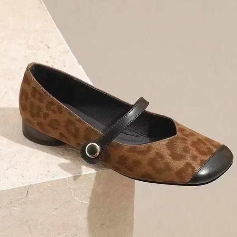 Autumn New Women's Shoes Leopard Print Soft Leather Mary Jane Shoes Square Head Flat Shoes Retro Evening Shallow Mouth Single Shoes Women