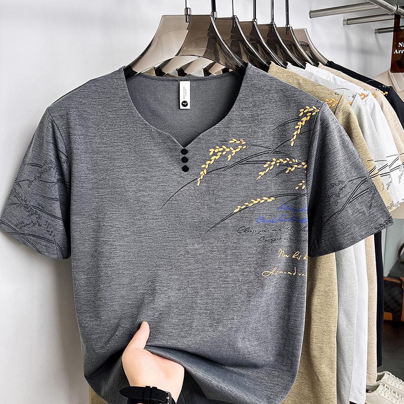 Trendy Versatile Men s V-Neck Printed Short Sleeve T-Shirt Summer Casual Breathable Commute Top M