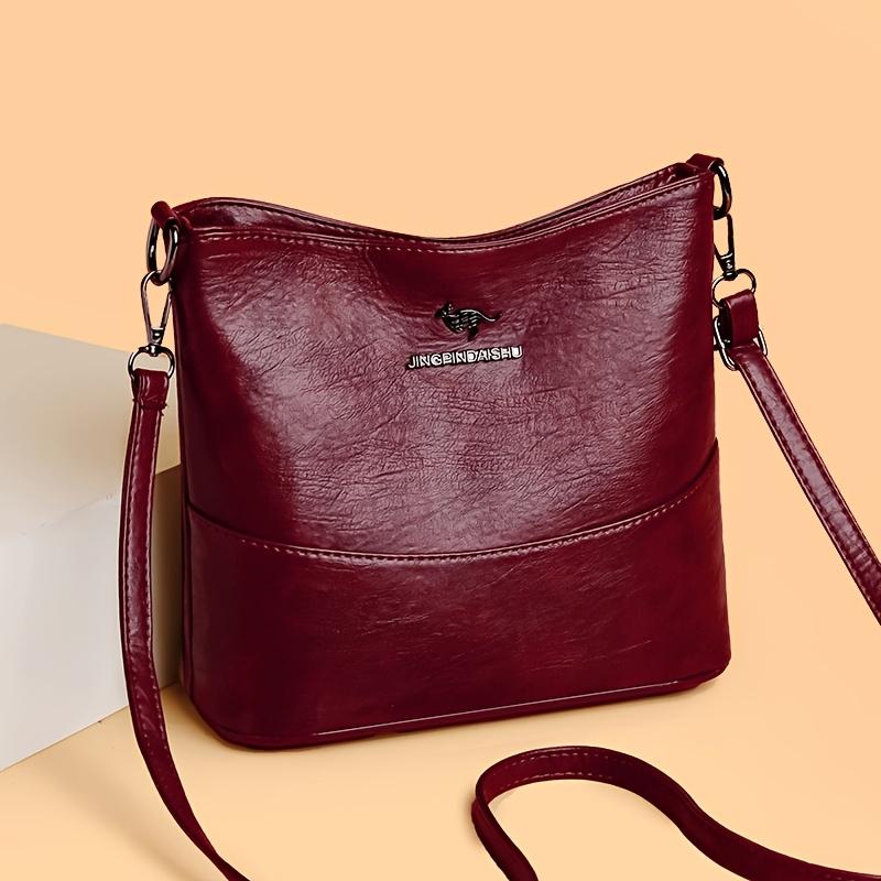 Fashion Soft Leather Crossbody Bag, Adjustable Strap Handbag Shoulder Purse with Logo, Casual Daily Shopping Satchel for Women бордовый