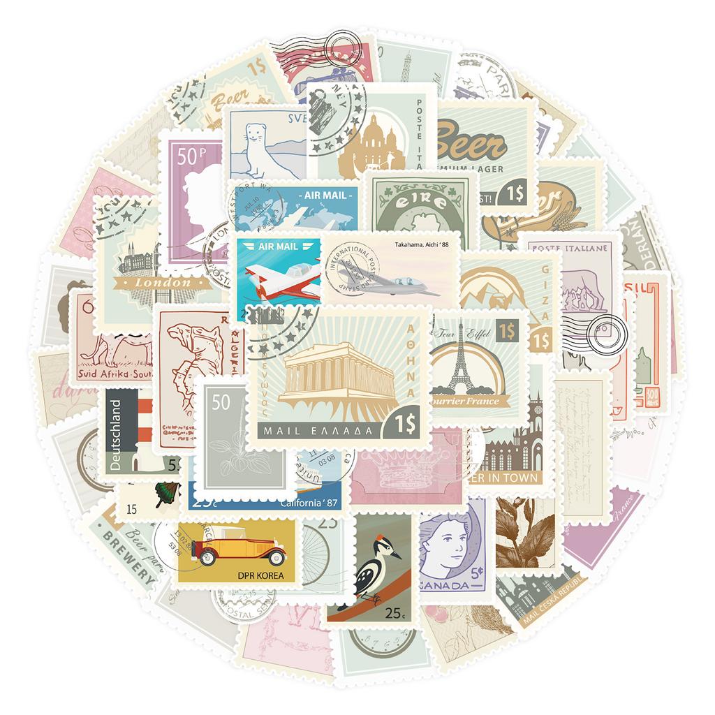 50 Retro Stamps Doodle Stickers Suitcase Car Notebook Skateboard Water Cup Waterproof Decorative Stickers