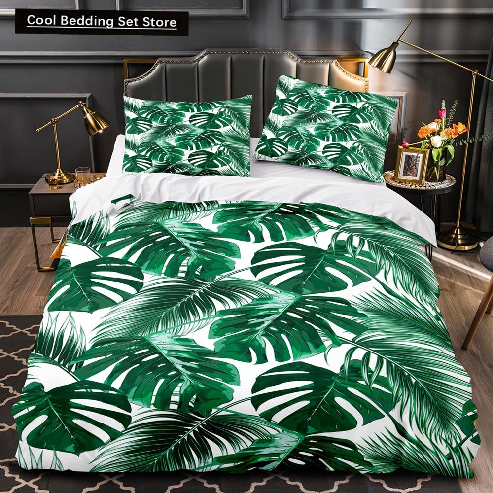Tropical Plants Floral King Queen Duvet Cover Green Palm Leaves Bedding Set Cream-colored Flowers 2/3pcs Polyester Quilt Cover