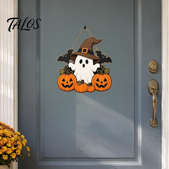 Halloween Party Decor Wooden Ghost Welcome Sign for Front Door, Rustic Cartoon Hanging Pumpkin Supplies Plaque with Wizard Hat And Broom Holiday Wall