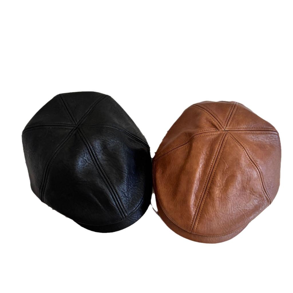 Autumn and winter versatile warm simple autumn and winter literary and retro show a small face forward hat big head circumference leather beret
