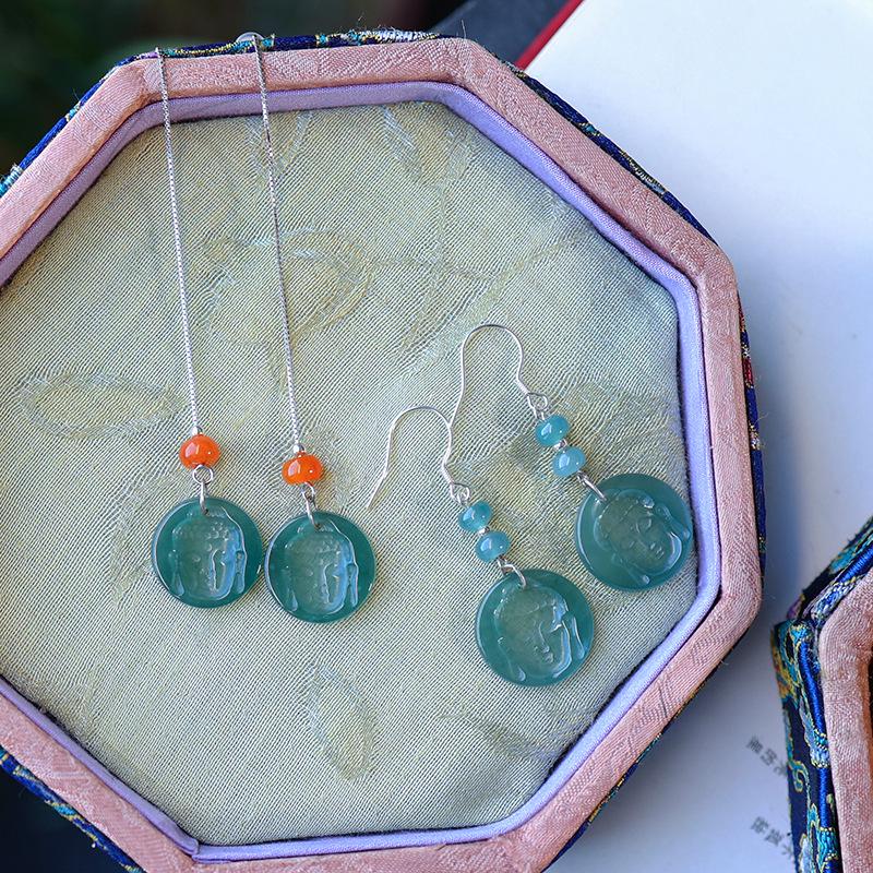 Natural A-Grade Blue Jade Buddha Face Earrings with Yin Carving and S925 Silver Dangles for Women Buddha Face Earrings [Red Jade + Full 925 Silver]