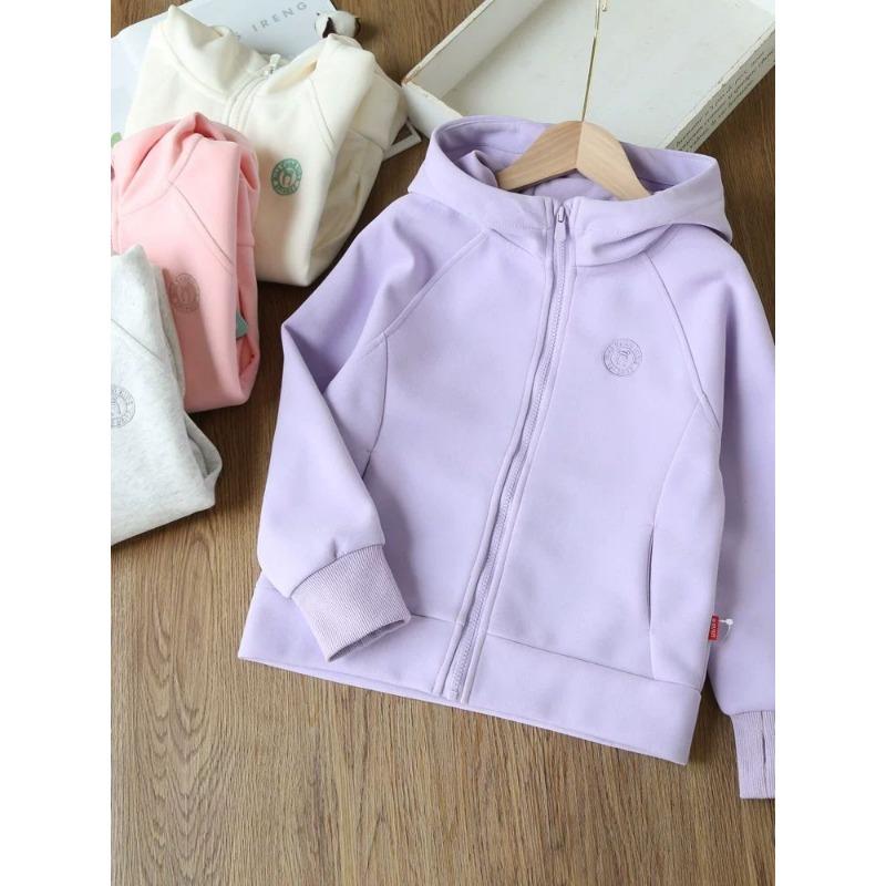 Girls' Simple Hooded Jacket: Solid-Color Spring/Fall Children's Cardigan Sweatshirt