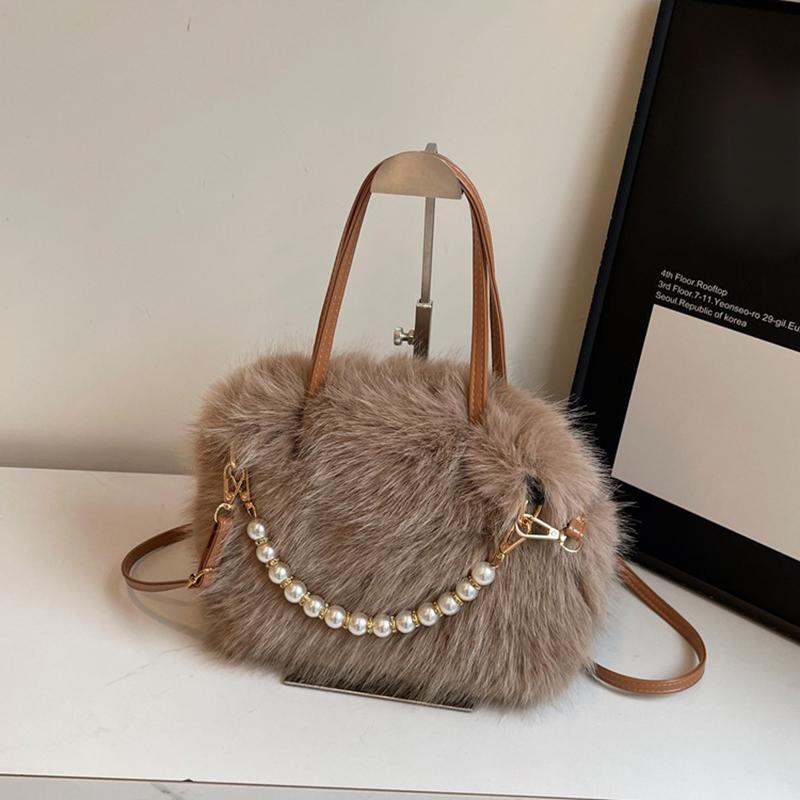 Yogodlns Winter Fashion Faux Fur Crossbody Bags for Women's Gift, Pearl Chain Decor Shoulder Bag, Ladies Handbags Top-handel Bag