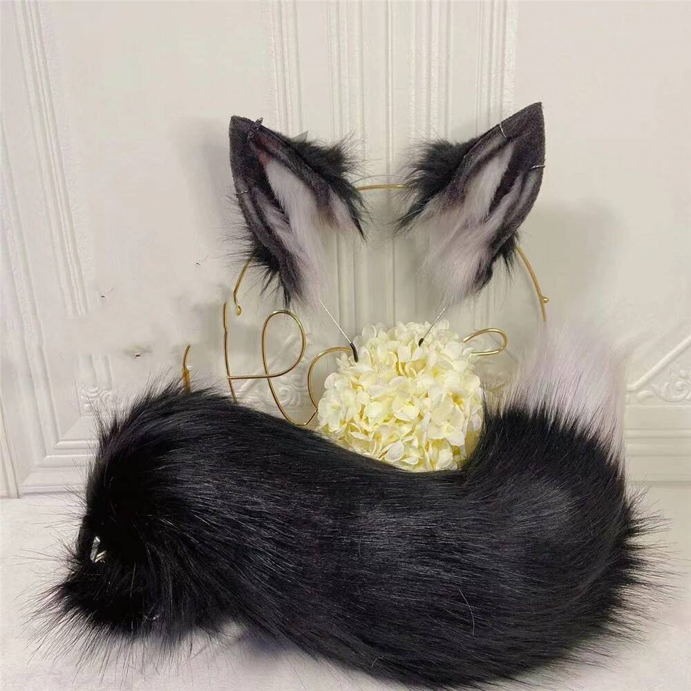 Nouveau Cerceau à Cheveux Oreilles de Loup Noir Ensemble Collier Queue Boucles d'Oreilles Accessoires de Costume Cosplay Pour Fille Femme One Size
