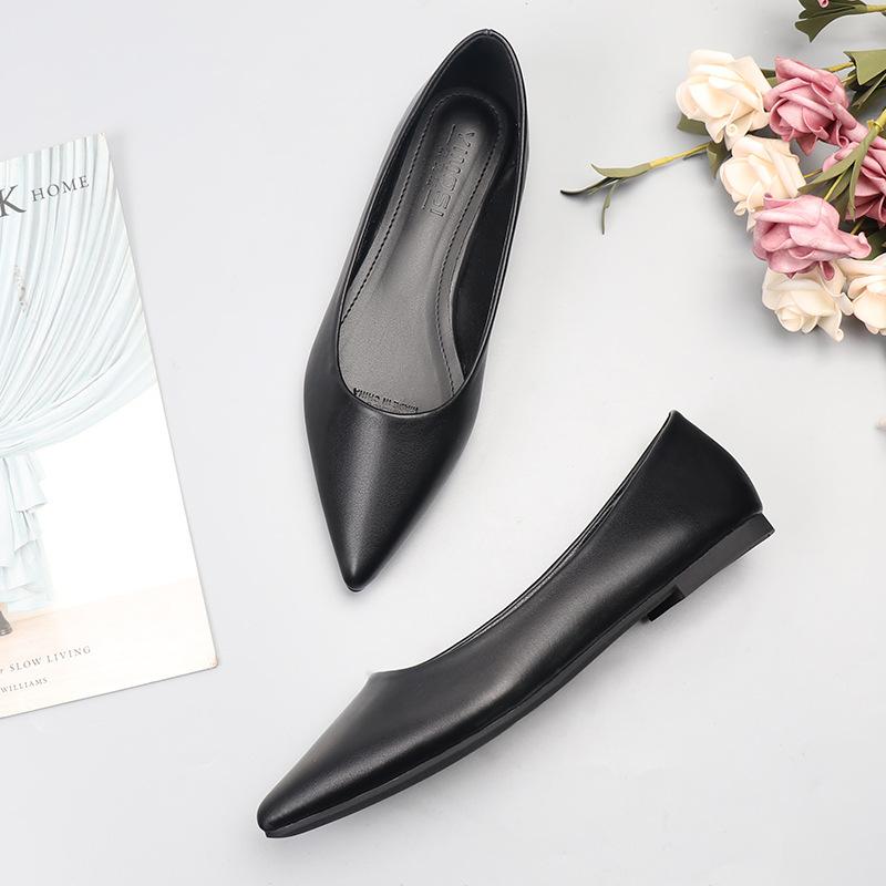 

Женские кожаные туфли больших размеров 33-43, однотонные, базовый стиль, универсальные, черные, рабочие туфли из флоковой кожи с острым носком 33