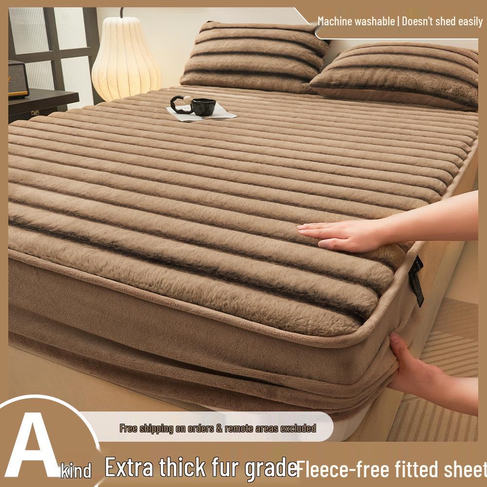 Class A Extra Thick Rabbit Fur Plush Fitted Sheet Set: Milk Velvet Bedspread, Winter Foldable Coral Fleece Mattress Cover