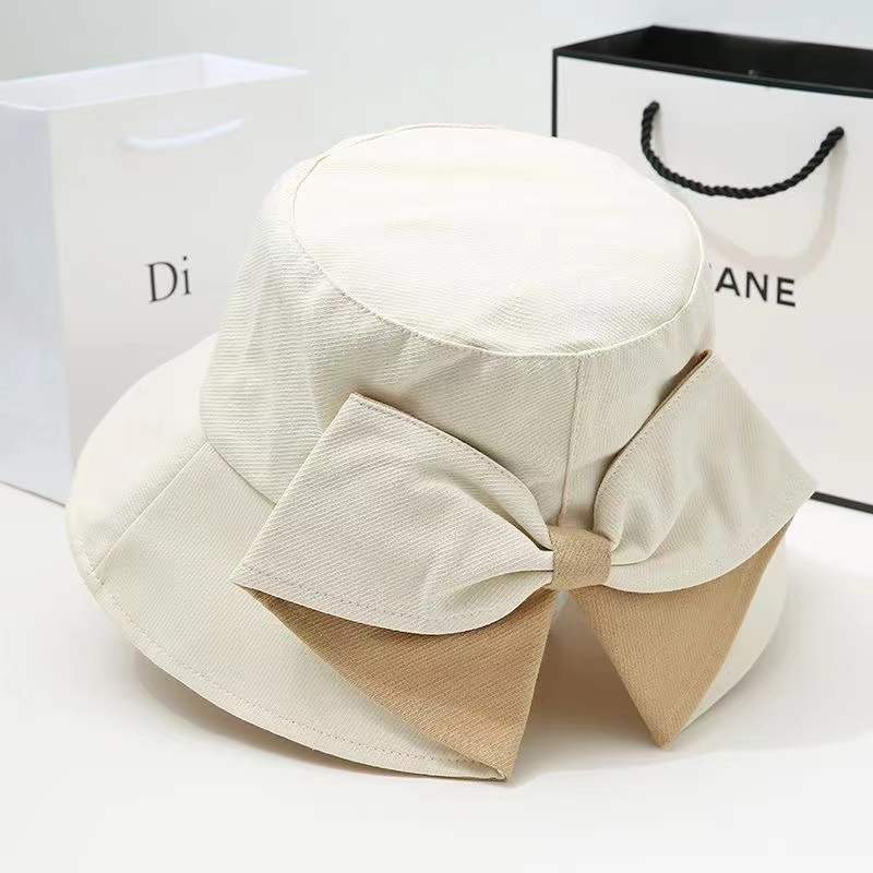 Vielseitiger Eimerhut Damen Frühling und Herbst Reine Baumwolle Hinten geteilte Schleife Mode Lässig Sonnenschutz Sonnenhut Koreanische Version Hut Damen