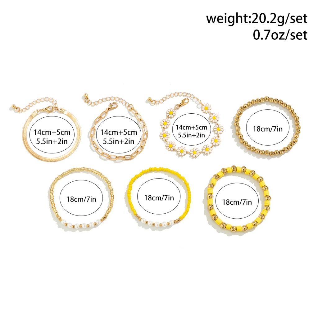 7Pcs/Set Kpop Sunflower Flat Snake Chain Bracelets for Women Trendy CCB Beads Charm Bangles Couple Friends Jewelry Accessories