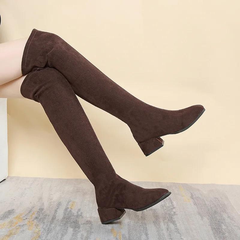 Fashion Long boots for women Spring and autumn thick heel high boots elastic over the knee long boots mid heel khaki