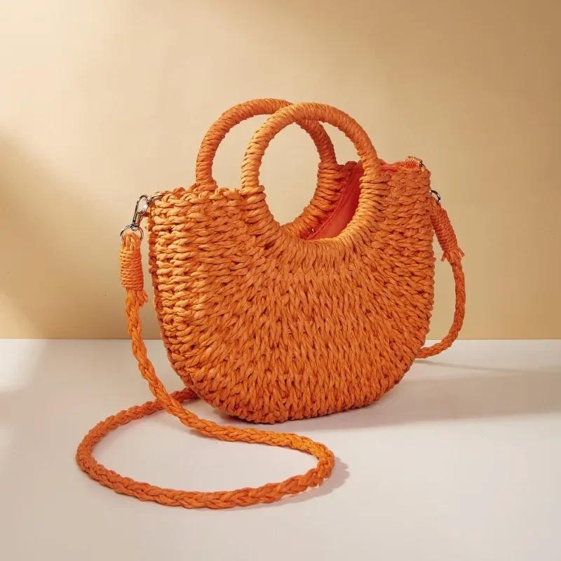 Handwoven Straw Rattan Half-Moon Bag - Women’s Large Capacity Hollow Out Crossbody Beach Shoulder Bag with Half-Round Design