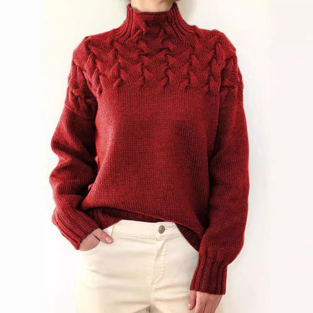 Damen Pullover mit Zopfmuster, hohem Kragen und langen Ärmeln