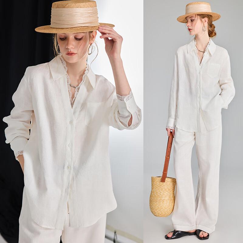 Wudao 100% Linen Lace Patchwork French Style V-Neck Shirt XL