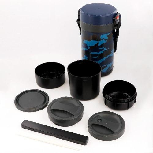Bestco Stainless Steel Lunch Jar, Large Capacity, 2.2L, Blue Camouflage Pattern, Insulated, Holds Approximately 2 Cups of Rice, Side Dishes, and Soup
