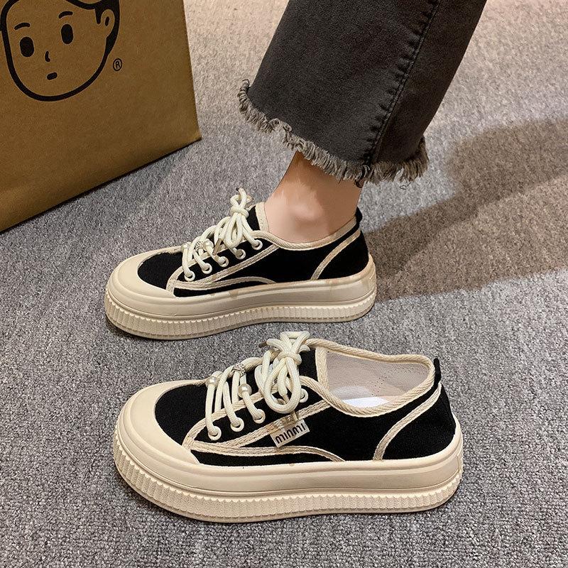 Xiaoxiangfeng Pearl Canvas Shoes Women's Spring New Super Fire Thick-soled Lace-up Small Casual Board Shoes