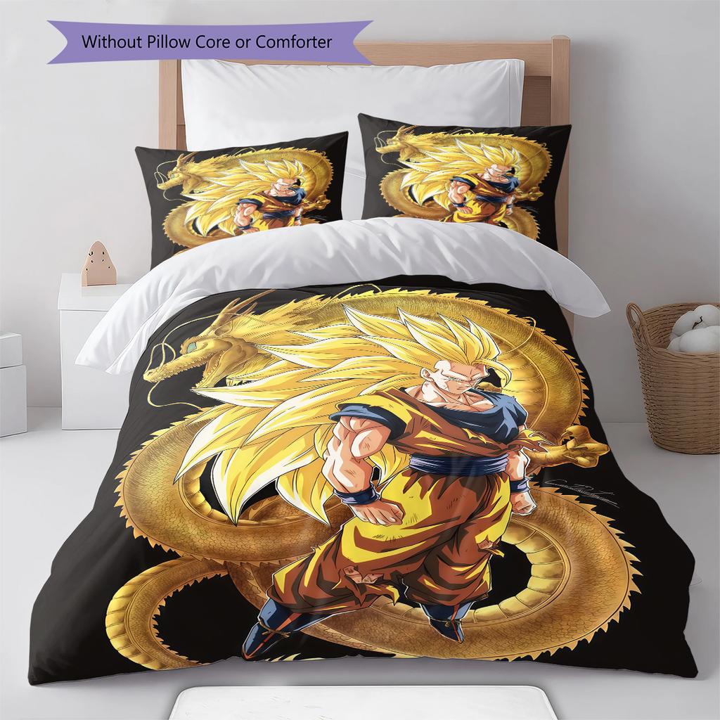 Son Goku Pattern Bedding,Quilt Set Quilt Cover Pillowcase Home Birthday Gift (1 * Duvet Cover + 2 * Pillowcase, Without Core)