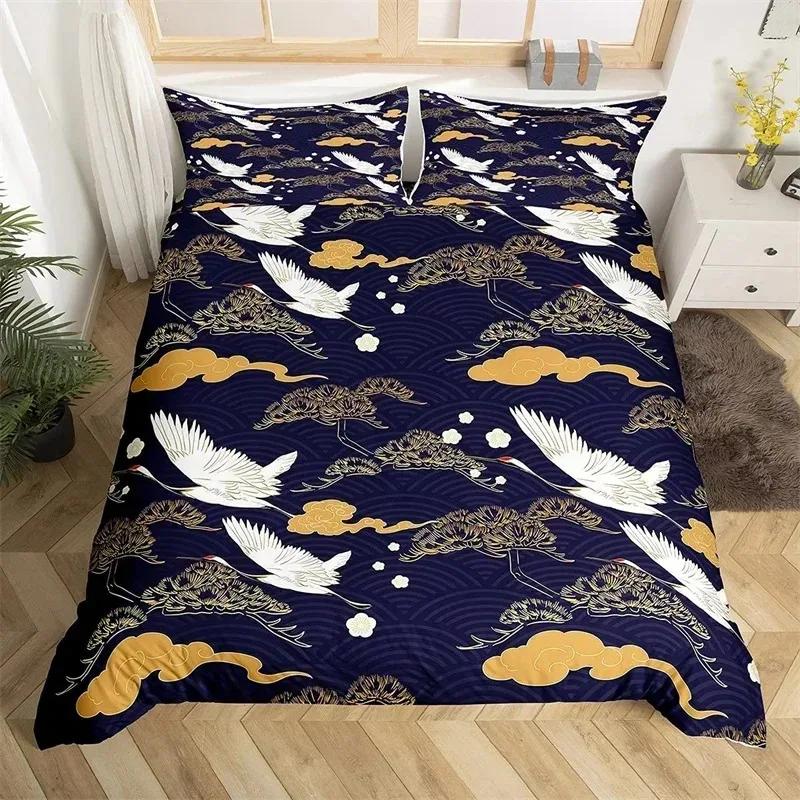 Japanese Ukiyoe Bedding Set White Fox Blossoms Floral Duvet Cover Polyester Galaxy Exotic Animal Comforter Cover Twin Queen Size
