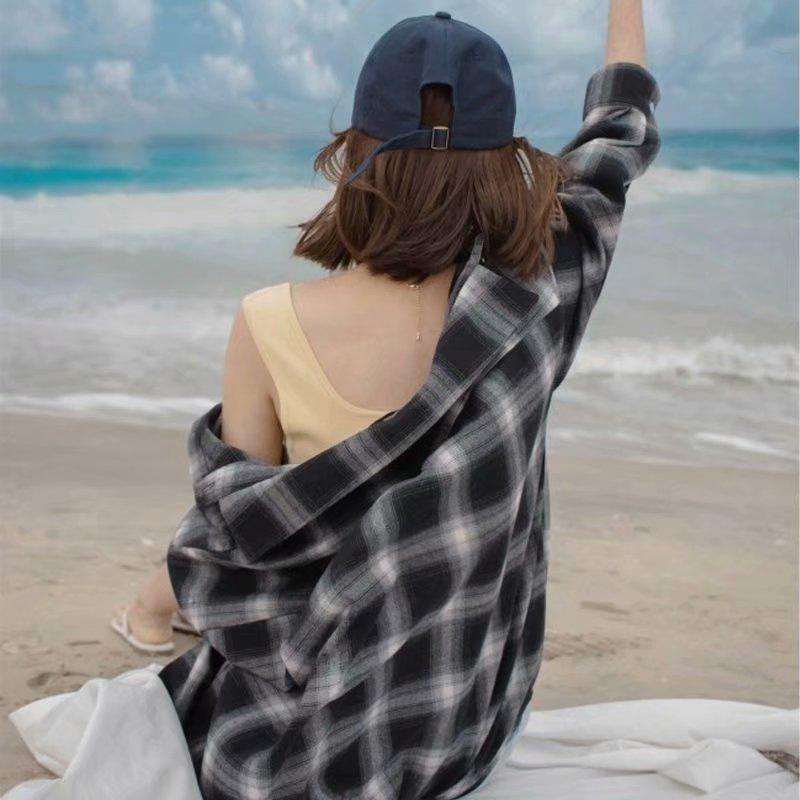 2026 Spring/Autumn Women's Korean Plaid Shirt - Loose, Retro Hong Kong Style, Trendy Long Sleeve Top