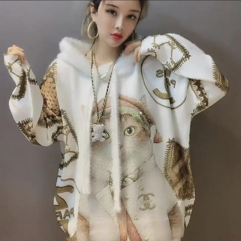 European Women's Diamond Flashing Cat Sweater - 3D Print, Loose Fit, Trendy Plush Top