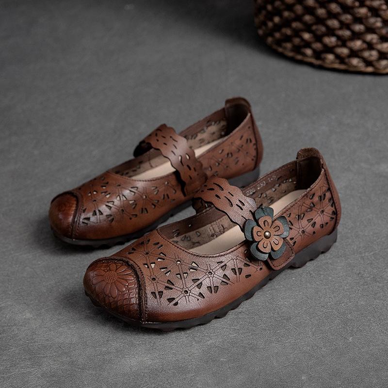 Johnature Sandali piatti con suola cava in vera pelle, retrò, versatili, scarpe da donna con suola morbida