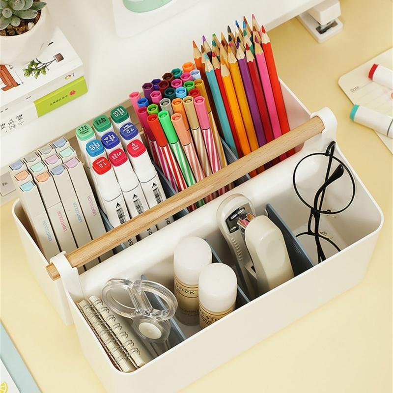 Practical Storage Box with Wooden Handle Multi Compartment Table Storage Box for Sorting Stationery Notebooks Folders