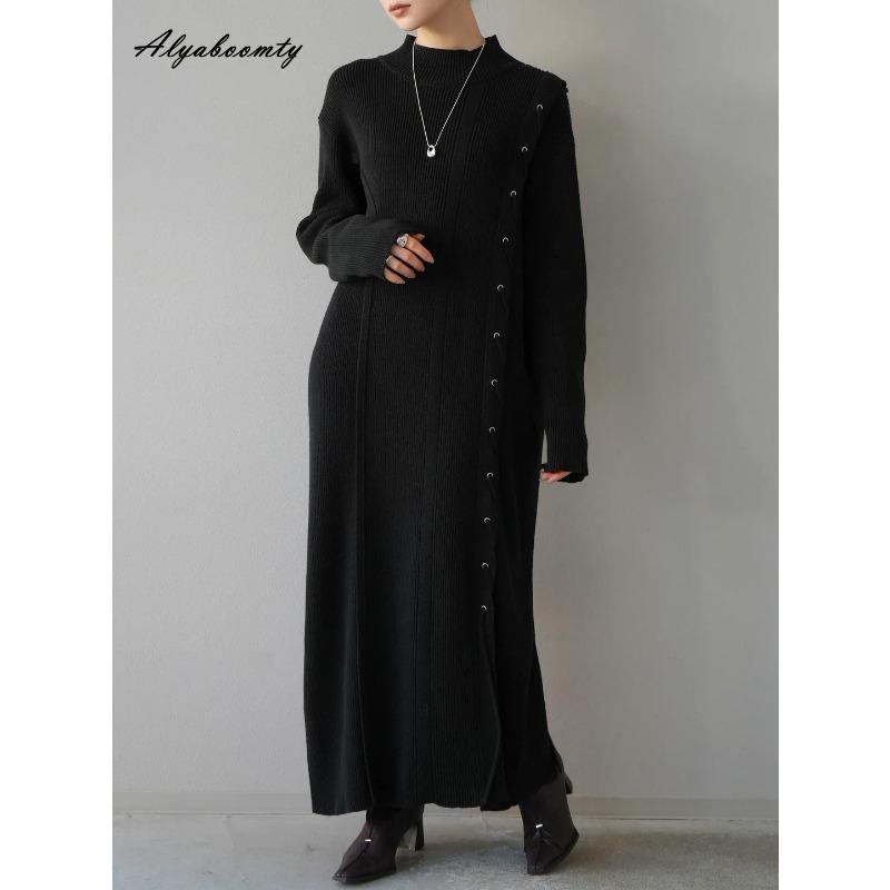 

Весна Осень Женское Трикотажное Платье Миди Бежевое Черное Серое Бандажное Трикотажное Платье На Шнуровке Повседневное Разделение Стильные Платья-Свитера ONE SIZE чёрный