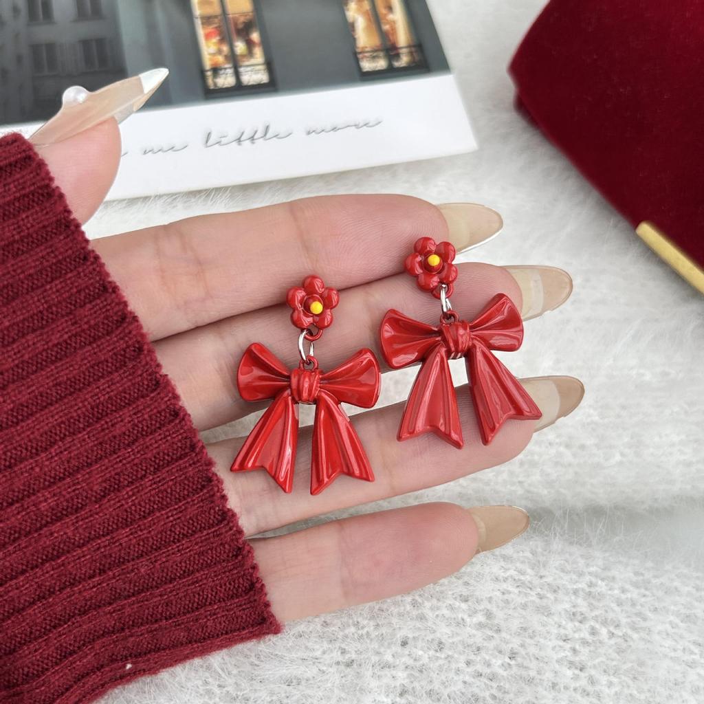 Red Bow Drip Oil Earrings: 925 Sterling Silver Autumn/Winter Studs for Women