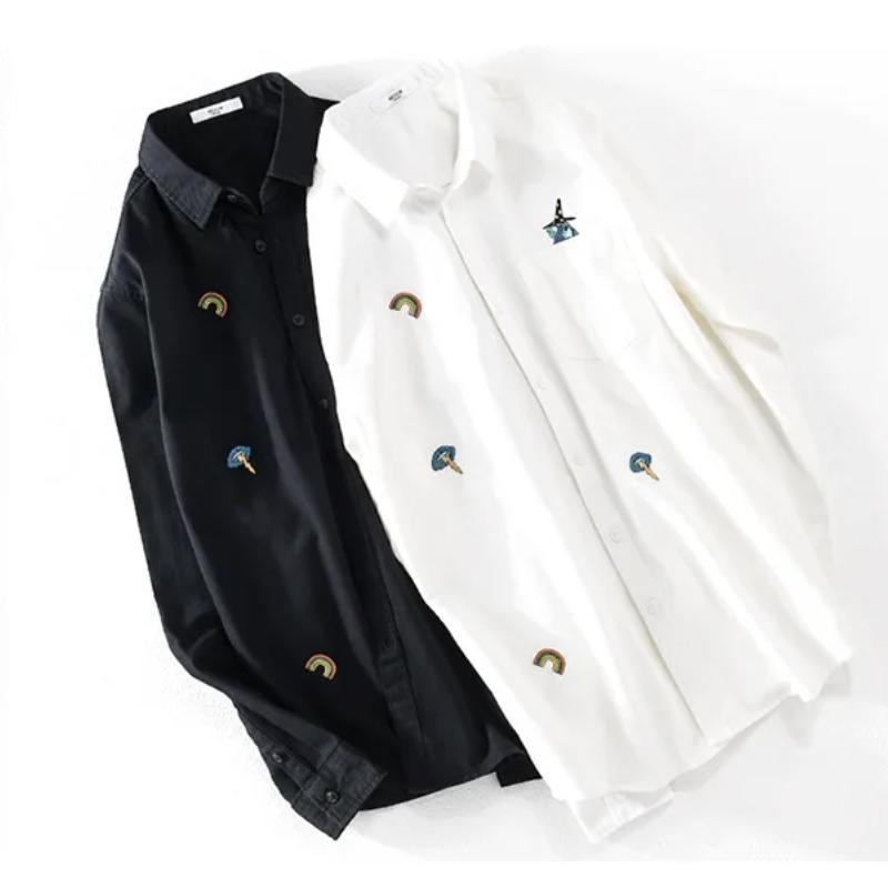 Chic Embroidered White Shirts for Men Spring and Summer Streetwear Youth New Casual Tops Pure Cotton Long Sleeve Shirt Korean Style Men Clothing