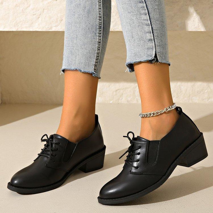 Large Size Uniform Leather Shoes Women's Spring New Front Lace-up Thick Heel Suit Versatile Small Leather Shoes Women