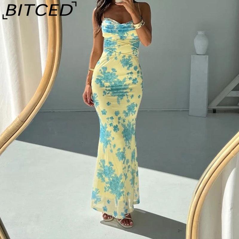 BITCED Spring Women's Fashion: Sensual Printed Strappy Waist-cinching Bodycon Maxi Halter Neck Dress