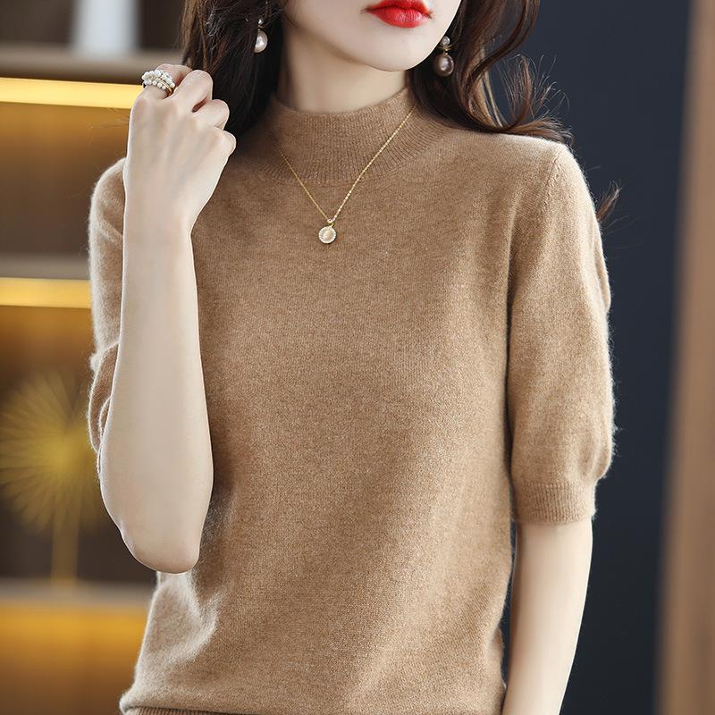 Women's Spring and Fall Half-high Neck Mid-sleeved Bottoming Shirt Knitted Five-minute Sleeve Thin Temperament Sweater