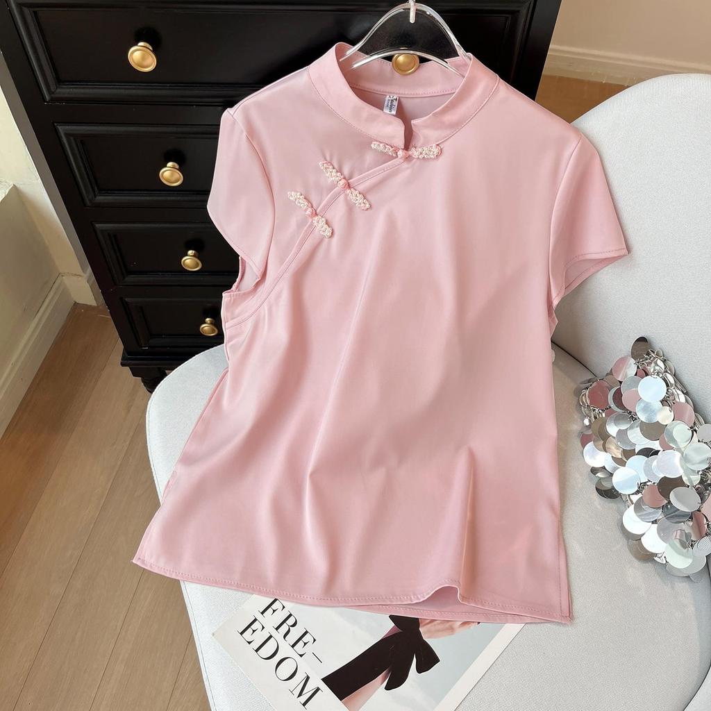 Pink stand-up collar button-down short-sleeved shirt women's summer new design niche top